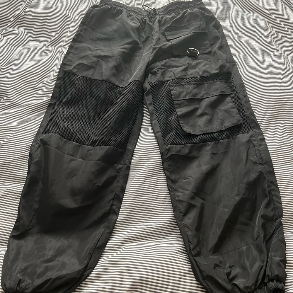 NWT Black Nylon Parachute Pants with Mesh Detailing - XL